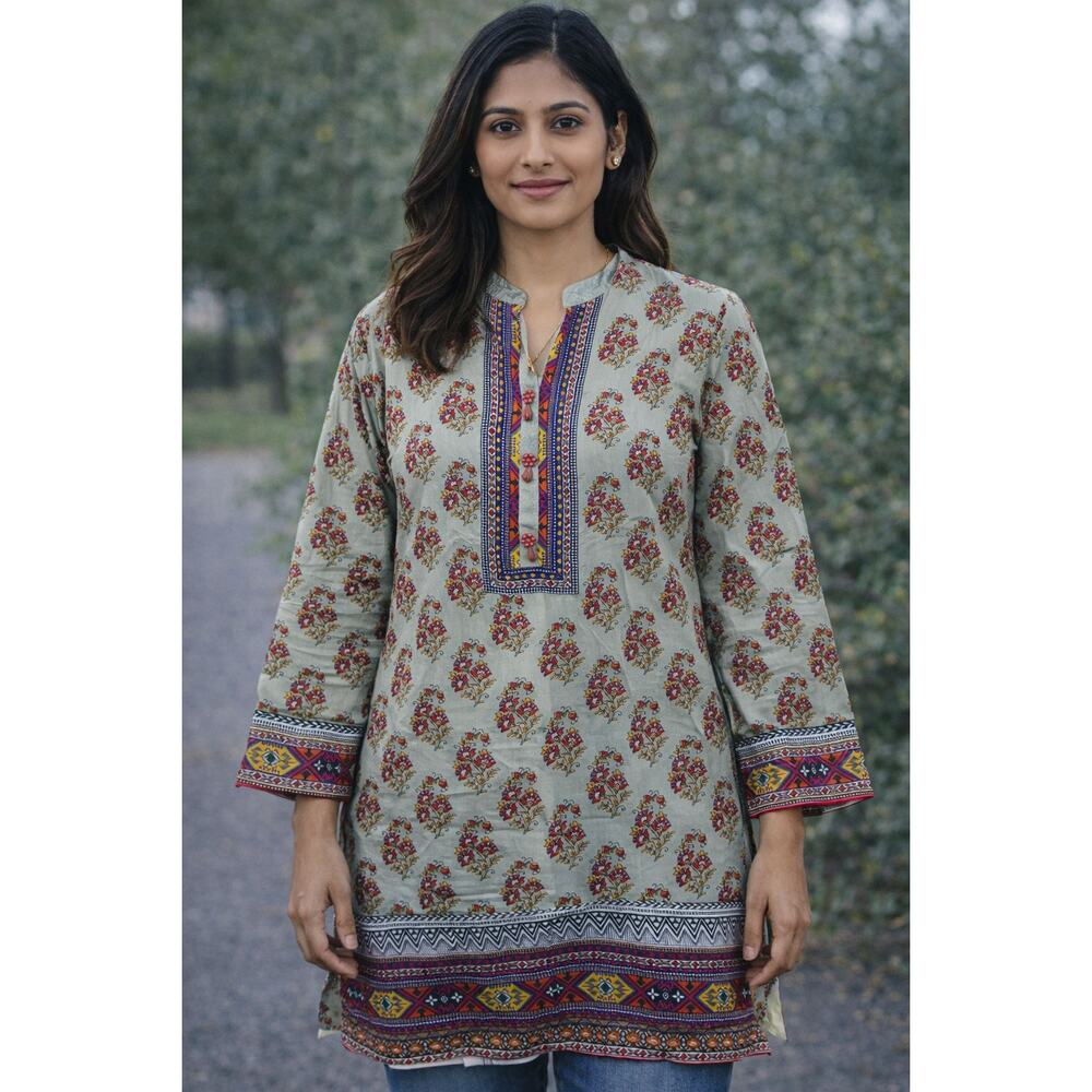 NWT Lyalpore Couture Women’s Kurti Tunic‎ Grey Floral Ethnic Print Medium